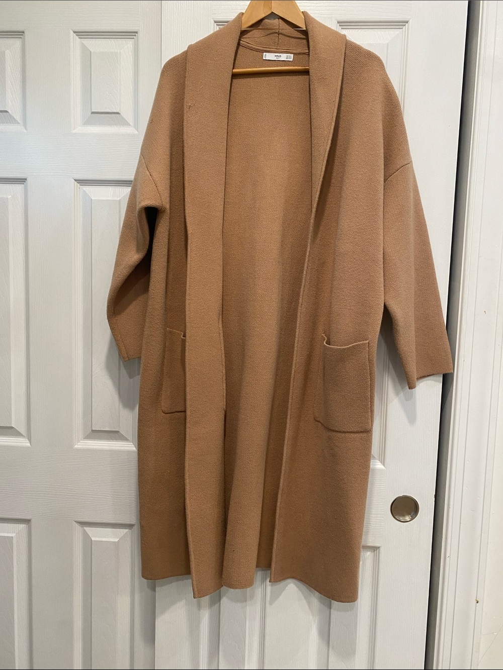 Mango Camel Open-Front Long Knit Cardigan